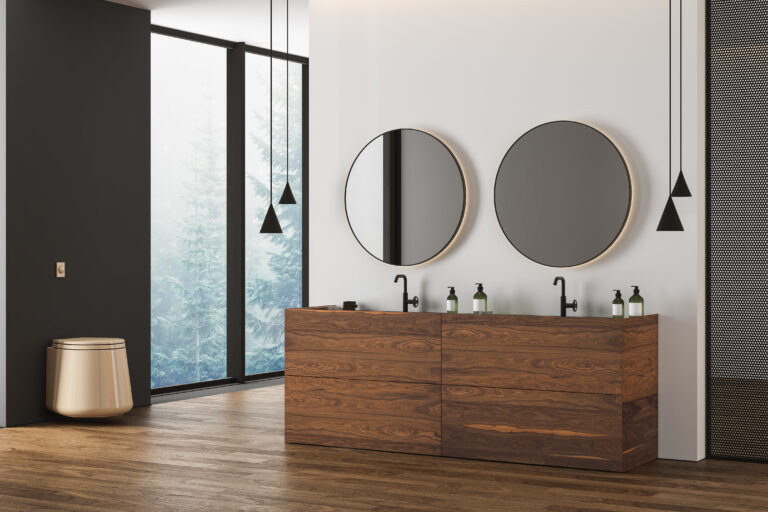 Bright bathroom interior with parquet floor, double beige sink, wooden vanity, beige bathtub, toilet and oval mirrors, large window. Minimalist cozy bathroom with modern furniture. 3d rendering